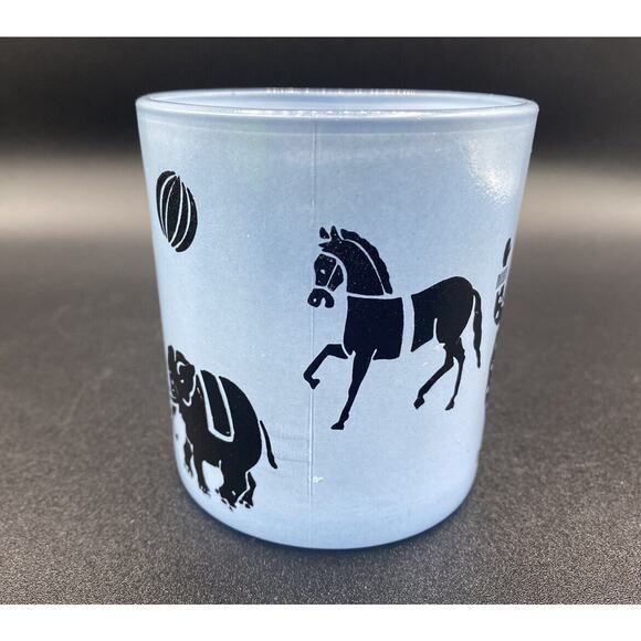 MCM 1950’s Blue Circus Theme Childs Handled Mug Clowns Vintage Glass - Picture 2 of 8